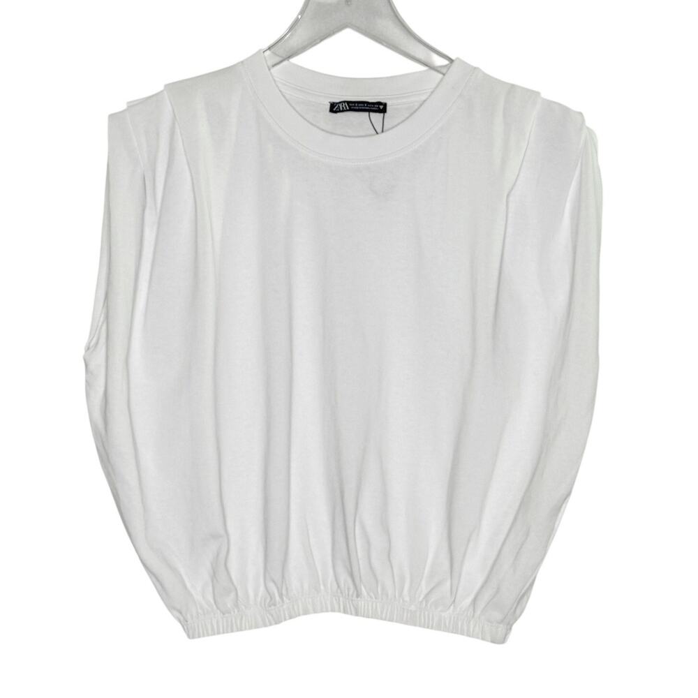Zara The Pleated Cotton T-Shirt S White Padded Shoulders Elastic Bubble Hem